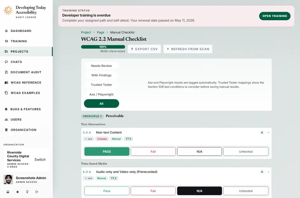 Manual accessibility checklist with review criteria and recorded answers