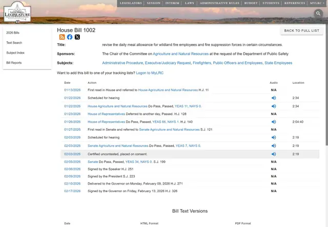 Public bill detail showing sponsors, action history, committee and floor votes, hearing audio, and published versions