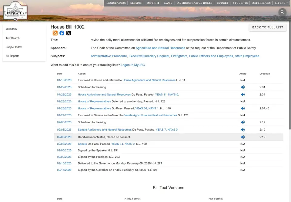 South Dakota House Bill 1002 with dated legislative actions, vote results, journal references, and hearing audio links.